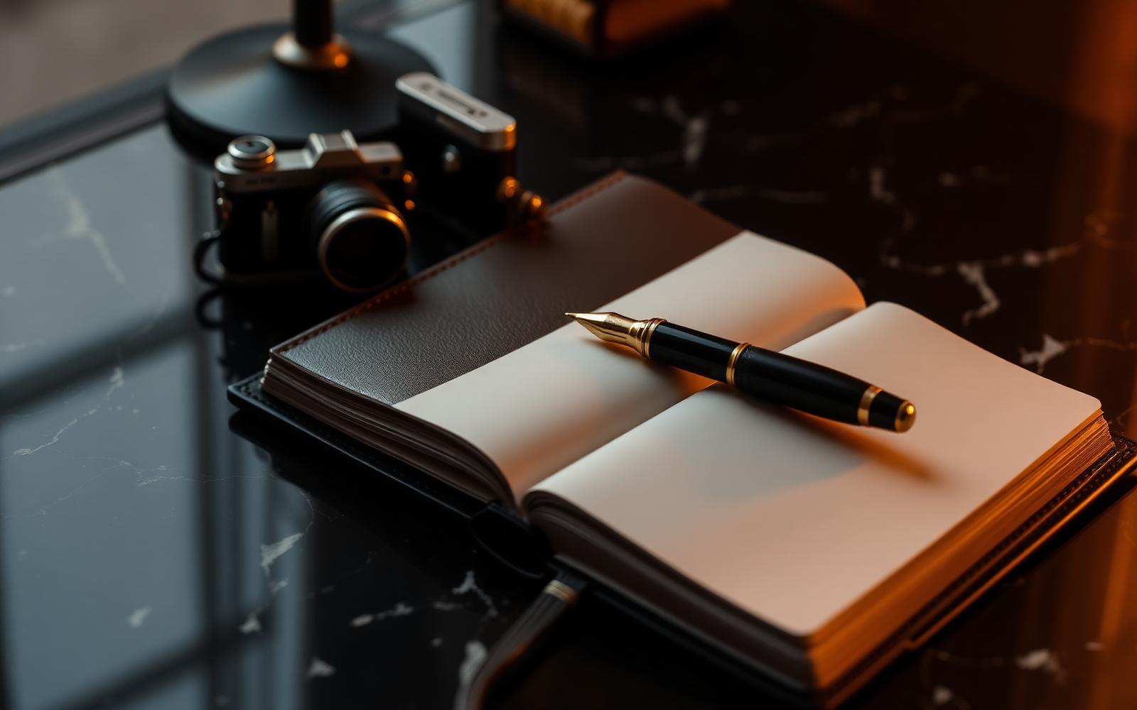 Leather journal, gold pen and camera on black marble