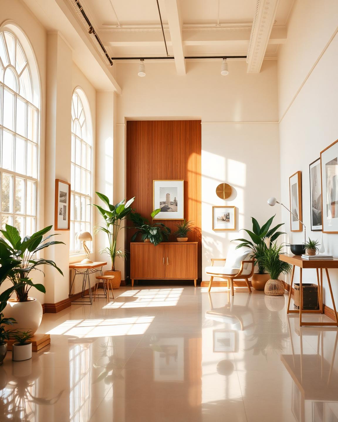 A bright creative studio with tall arched windows
